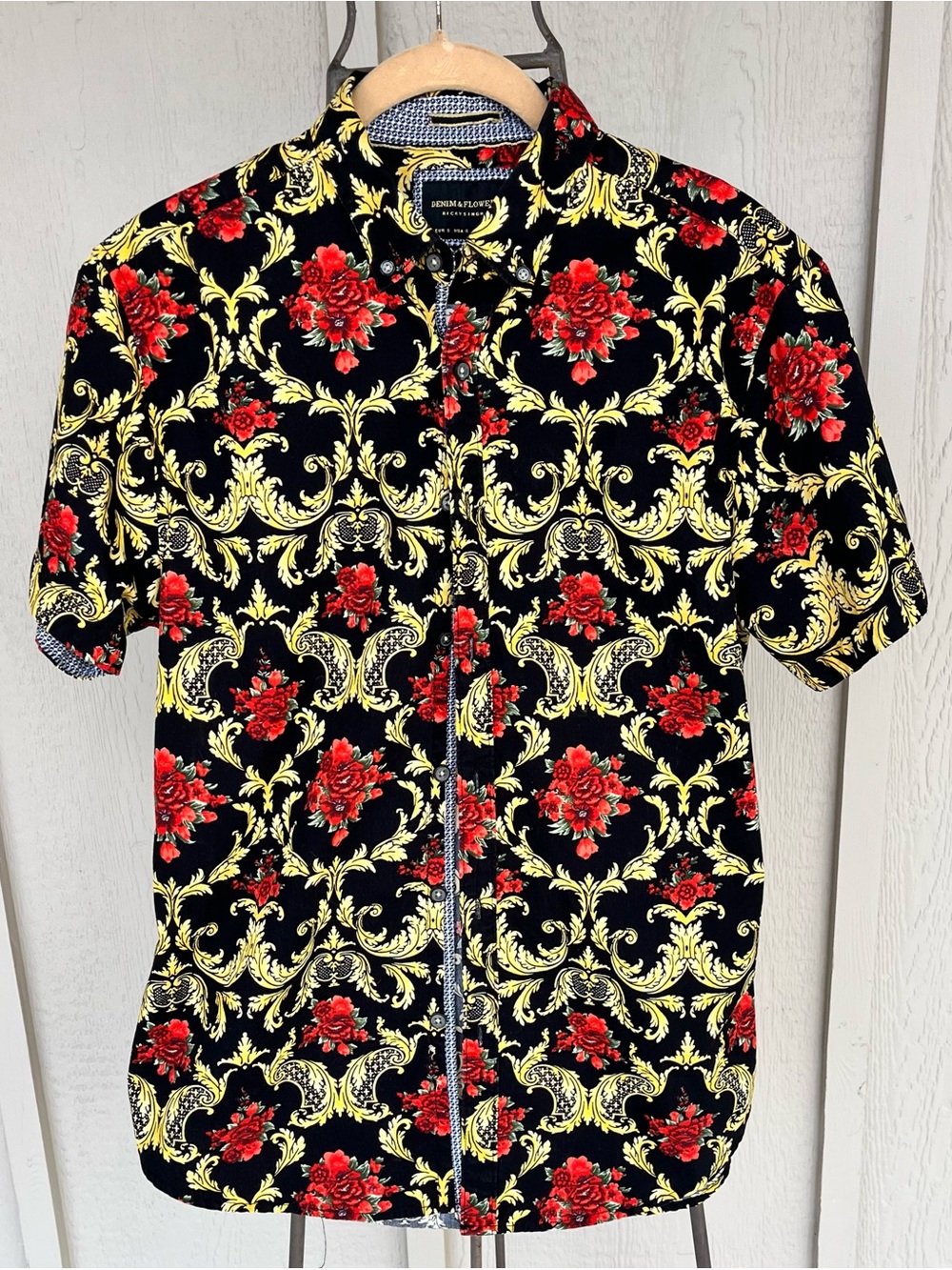 Ricky Singh Denim and Flower Mens Shirt Baroque Rose Button Up Short Sleeve S